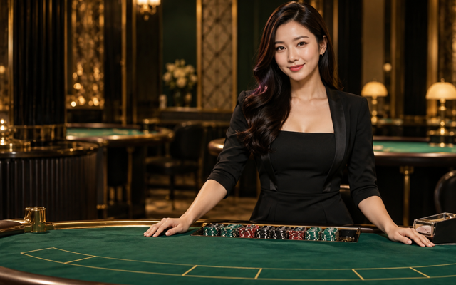 Live casino dealer at a green table
